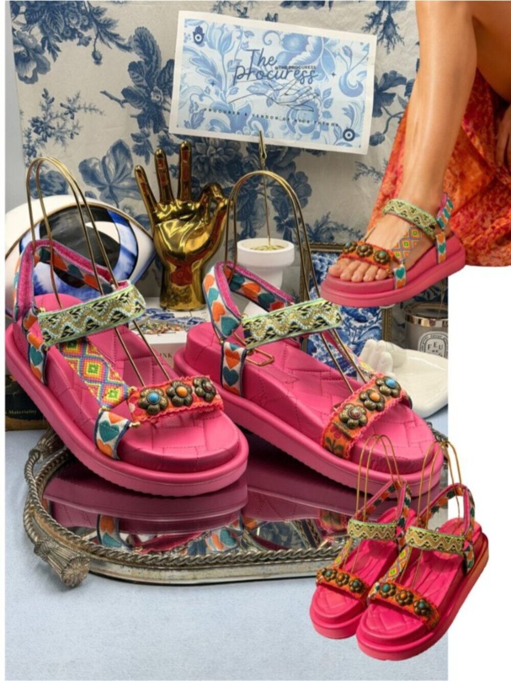 🆕 KURT GEIGER LONDON 🧿 NWOB Orson Jacquard Strap Sandals, Bright Pink - Sz 7